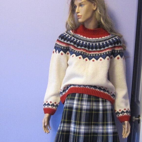 EDDIE BAUER Vintage 100% Wool Ivory Red Blue Knit Fair Isle Retro Sweater - Picture 5 of 10
